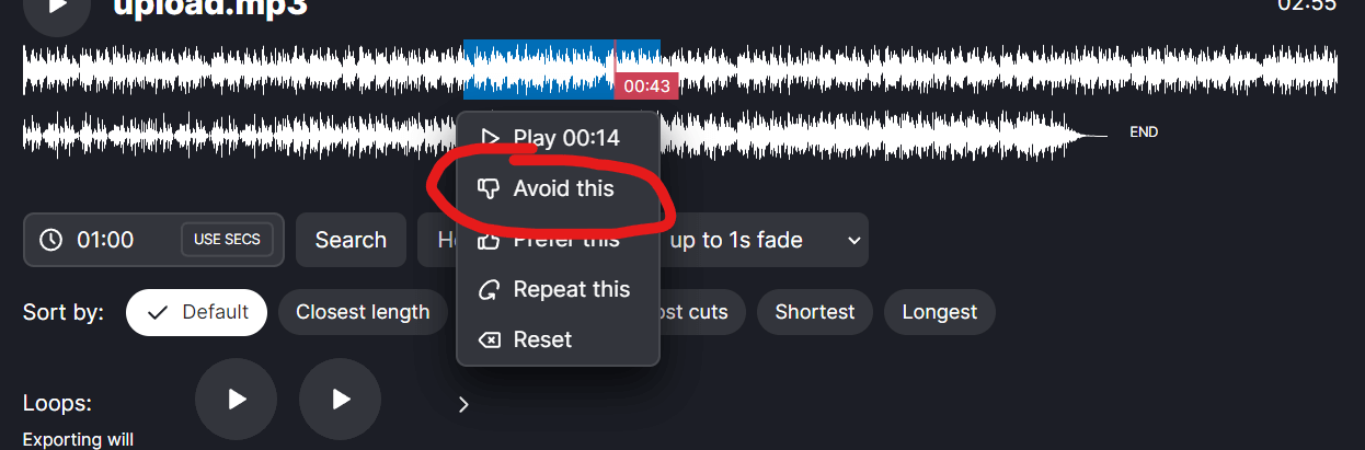 Screenshot showing part of the song selected and the avoid menu option circled