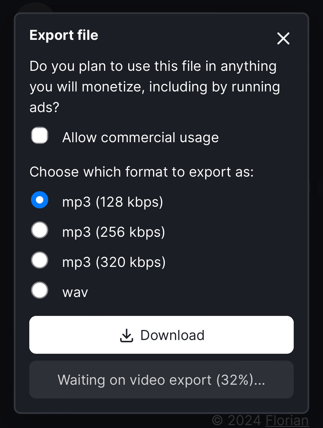 Screenshot of the Audapt export prompt with a Download button followed by a disabled button labeled Waiting on video export (32%)