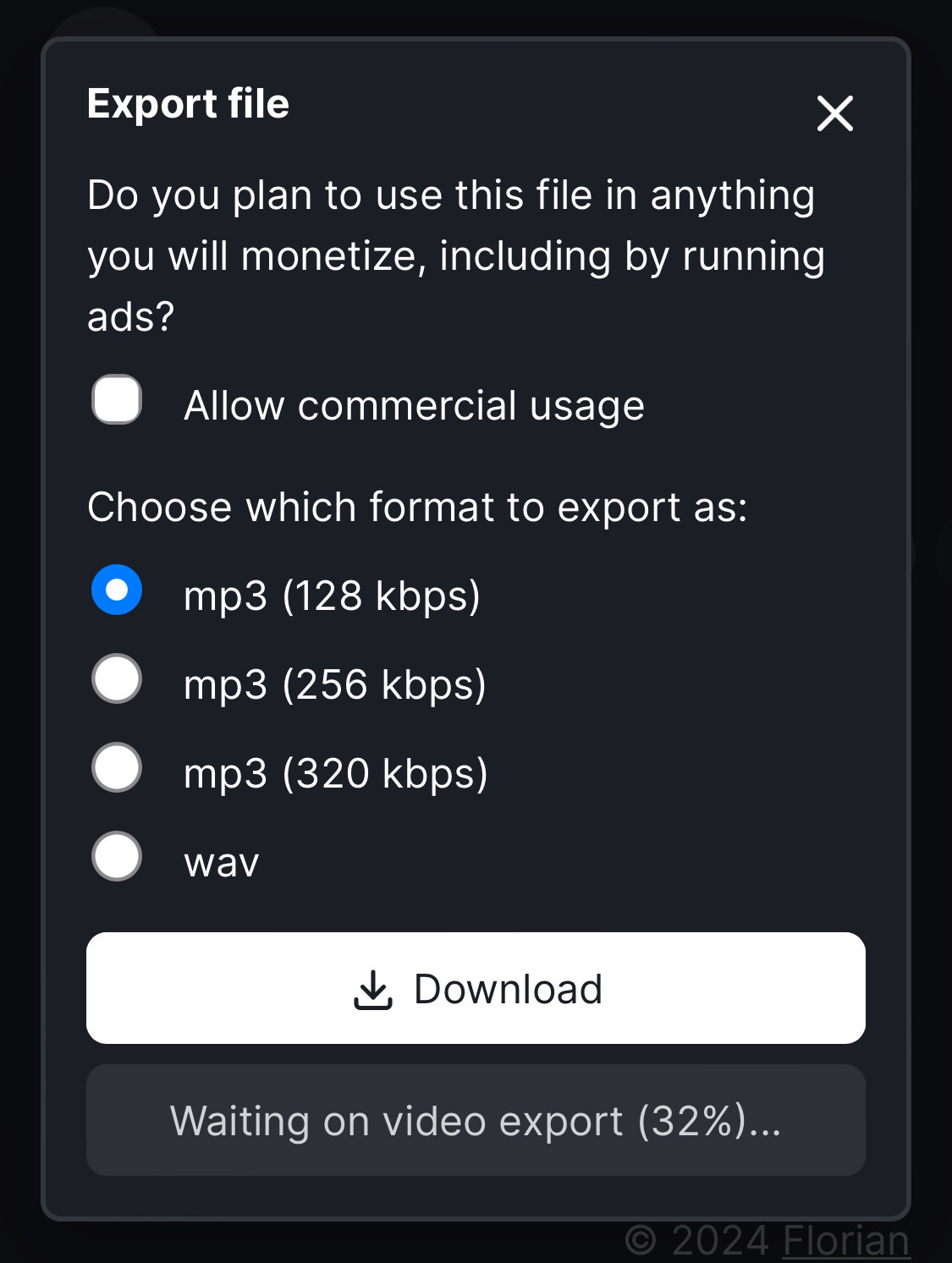 Screenshot of the Audjust export prompt with a Download button followed by a disabled button labeled Waiting on video export (32%)