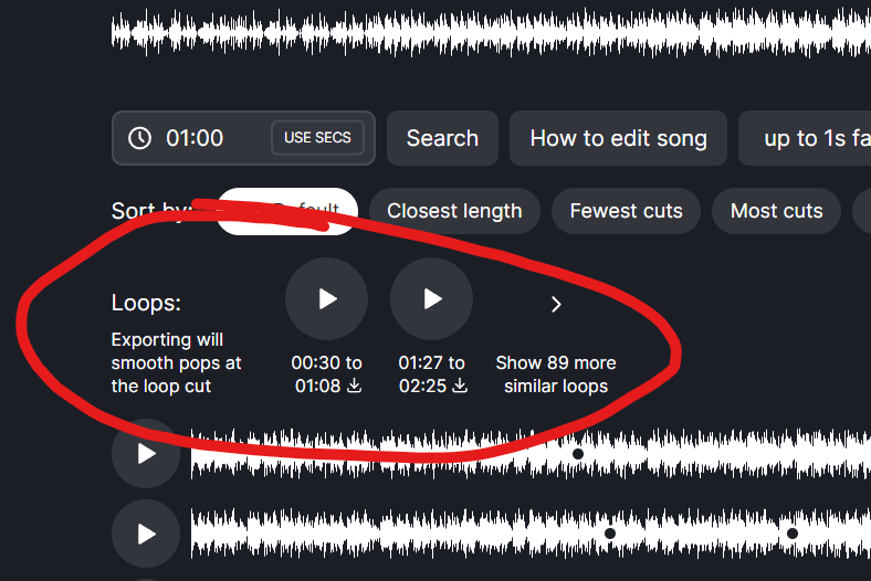 Screenshot showing generated loops below waveform